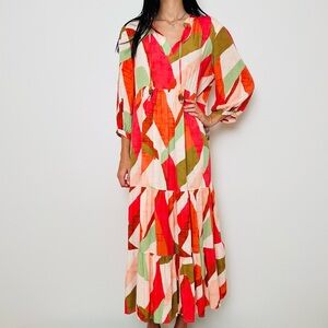 Marwa Abstract Print Boho Maxi Dress Tie Neck Tiered Skirt